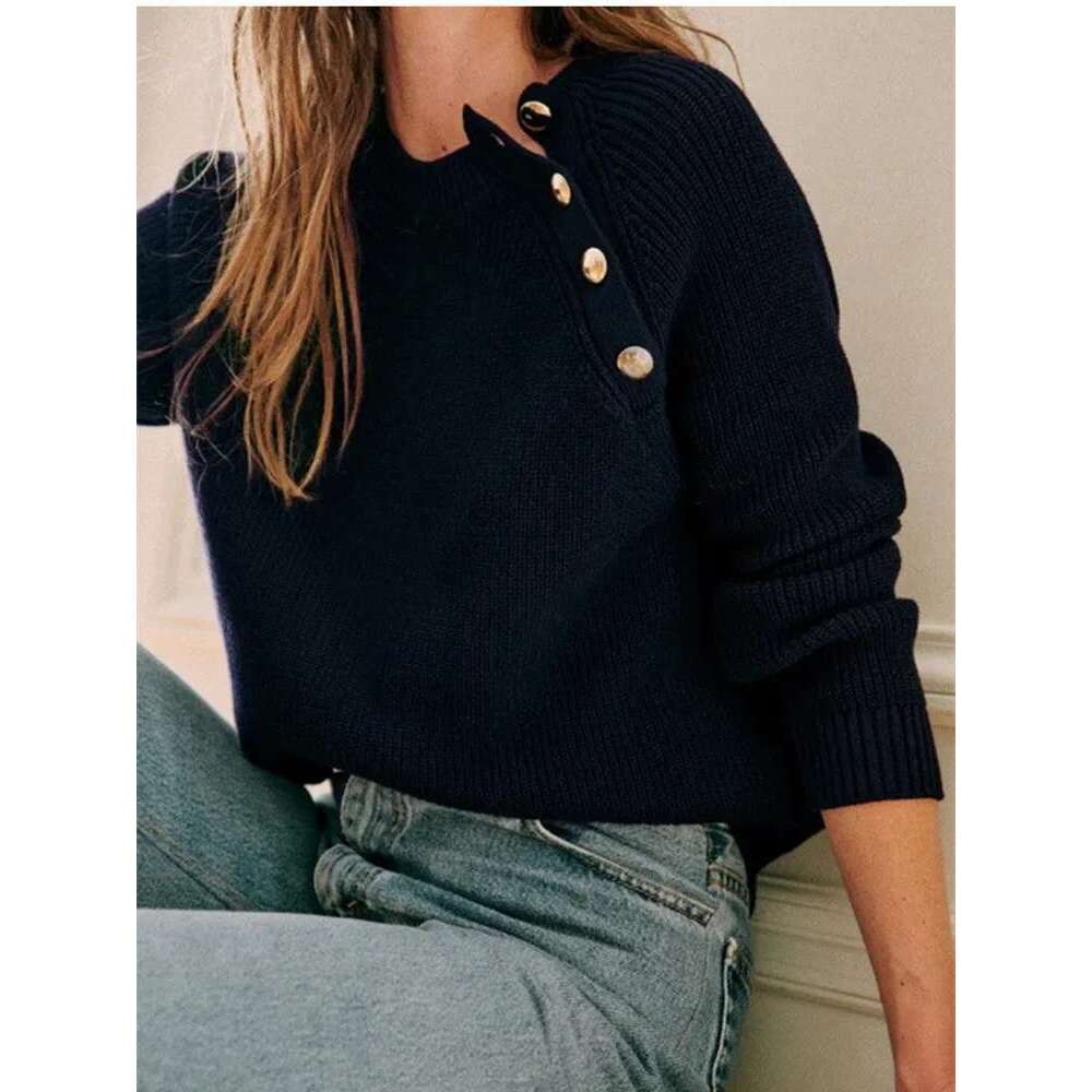 Autumn Winter Ladies Striped Sweater New Women's Half Turtleneck Loose Pullover Knit Tops All-Match With Oblique Buttons