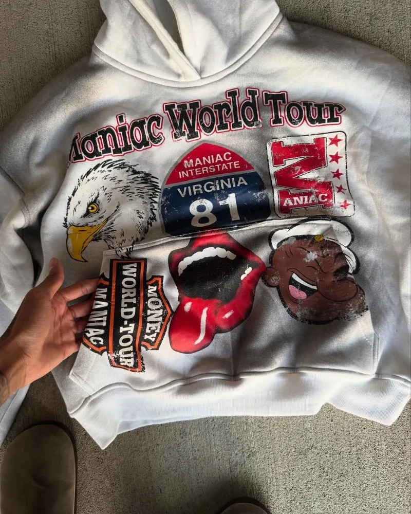 American fashion Gothic pattern letter oversized hoodie mens Y2K high street clothing casual loose versatile zipper sweatshirt 250303