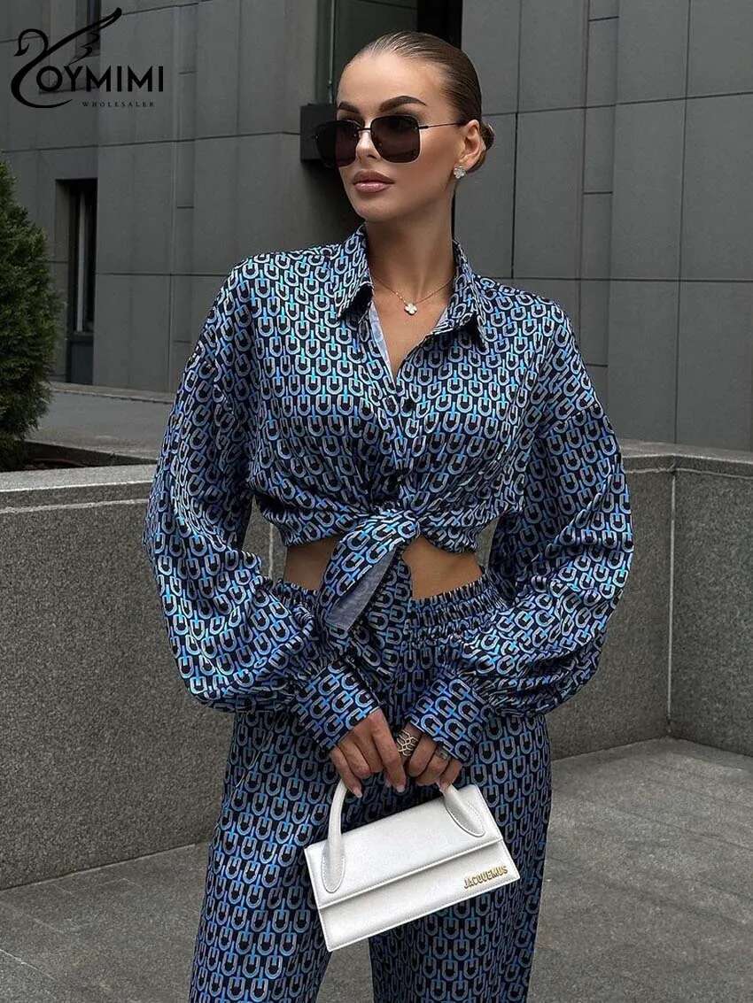 Casual Black Print 2 Piece Women Outfit Elegant Lapel Long Sleeve Button Shirts And Straight Full Length Pants Sets