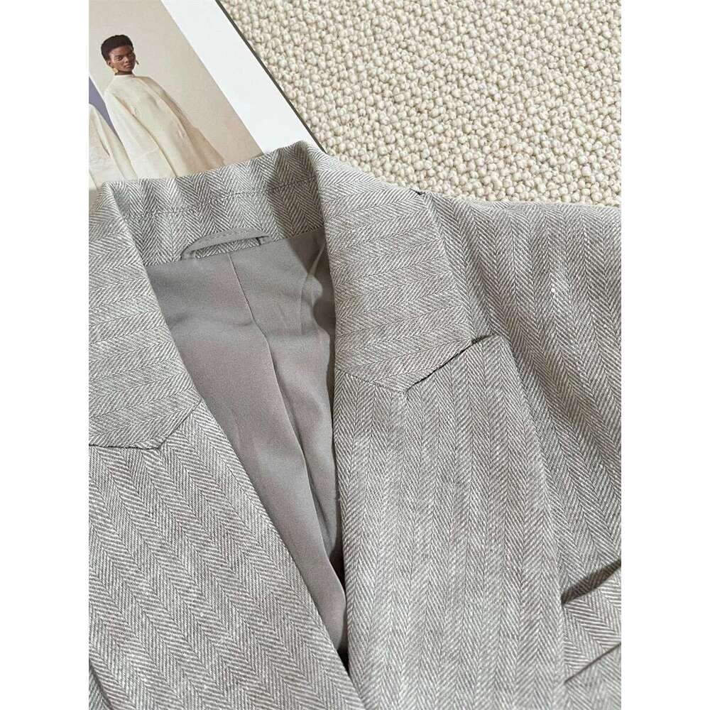 100% En Herringbone Pattern Set Women Double Breasted Sleeve Blazer Vest Or Long Pants Female Suit
