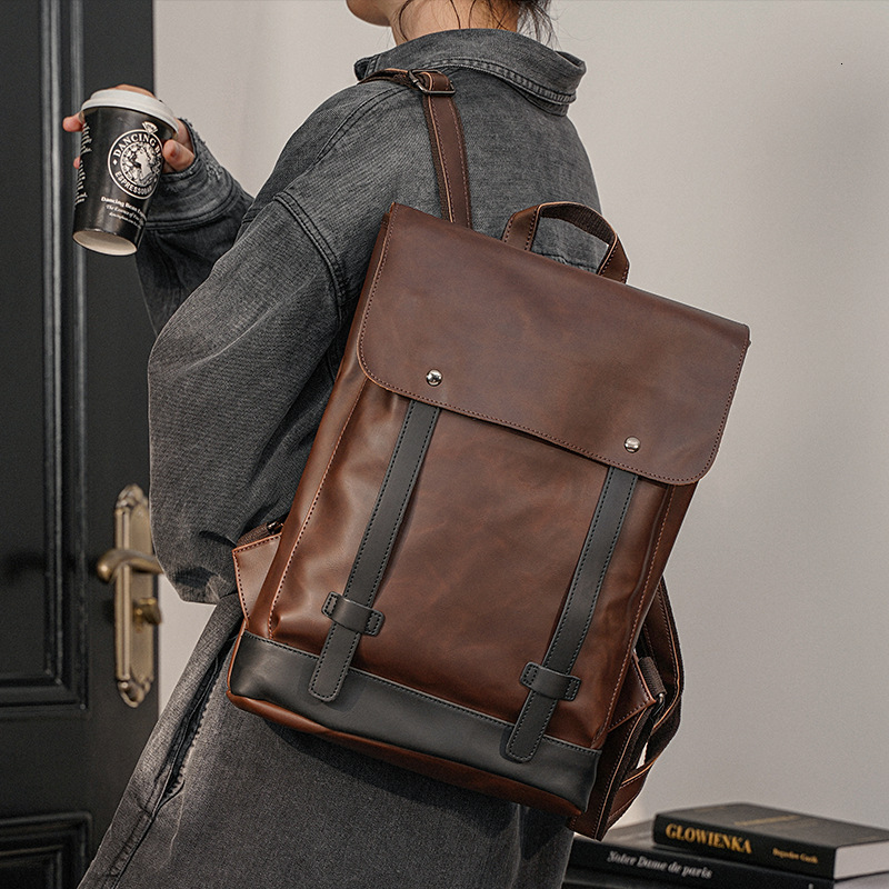 Designer Designer Men's Korean Version Trendy College Style Middle School Student Casual Crazy Horse Leather Backpack
