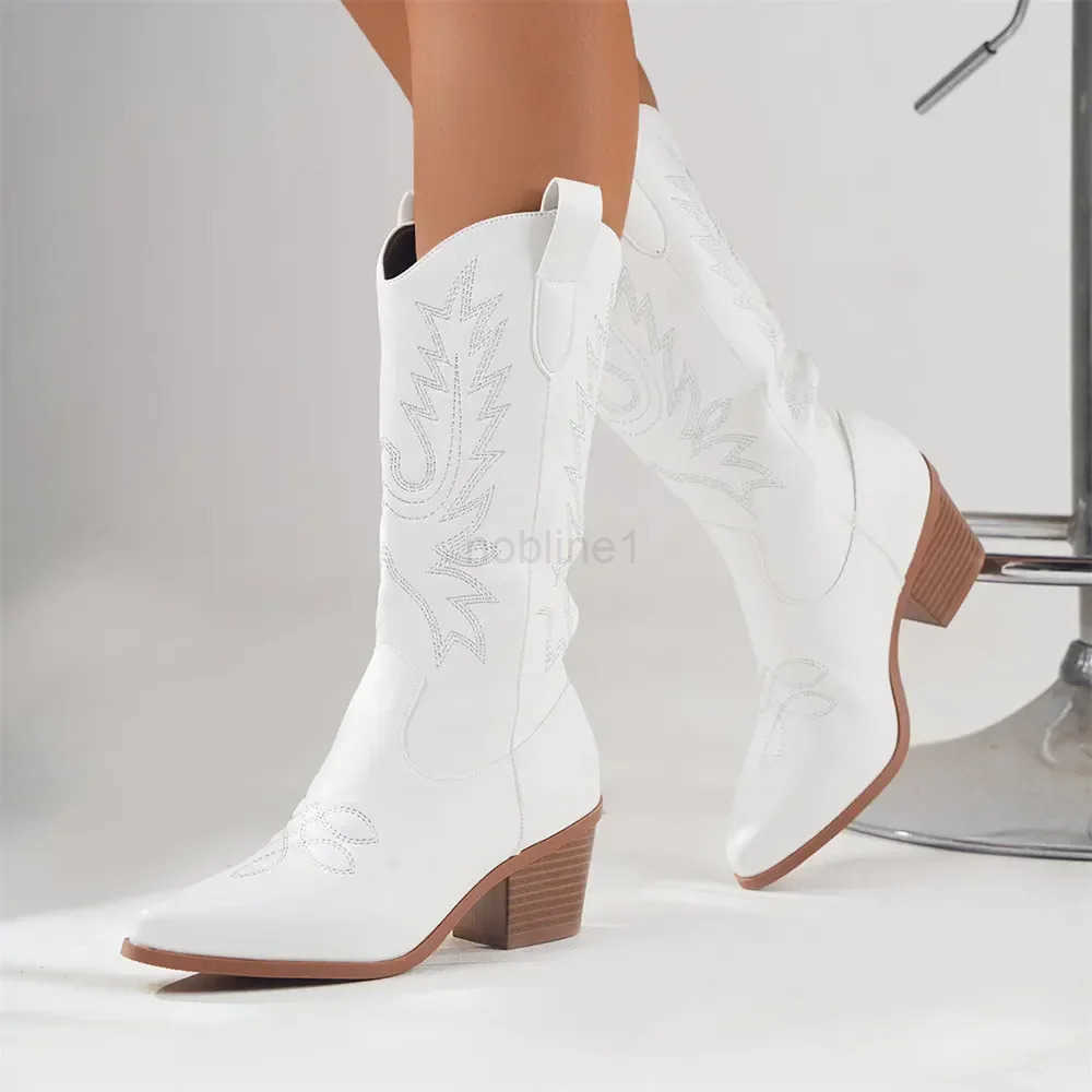 Plus size 43 High Quality Block H Mid-calf White Cowboy Boots Wen Vintage Country Concert Wern Boots Shoes Z250304