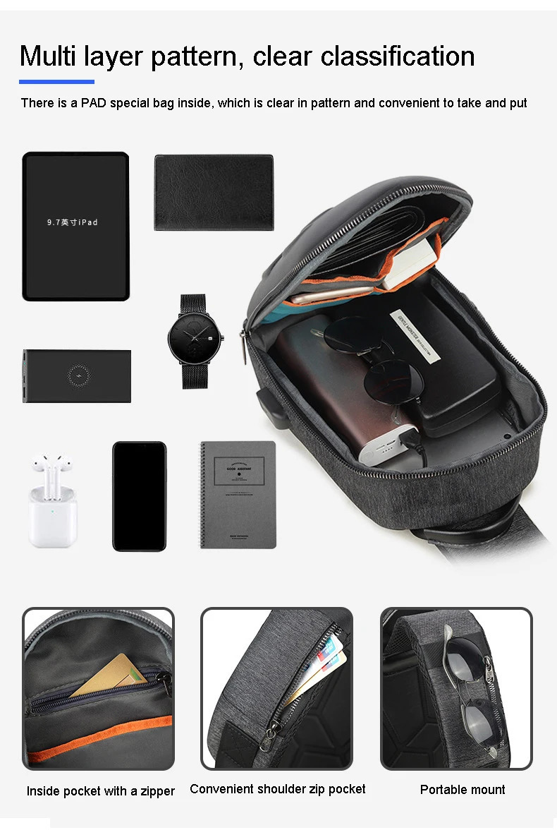 Running Chest Bag for Men USB Charging Fashion Streetwear Sling Pack Crossbody Motor Cycling Backpack College Student Unisex 250227