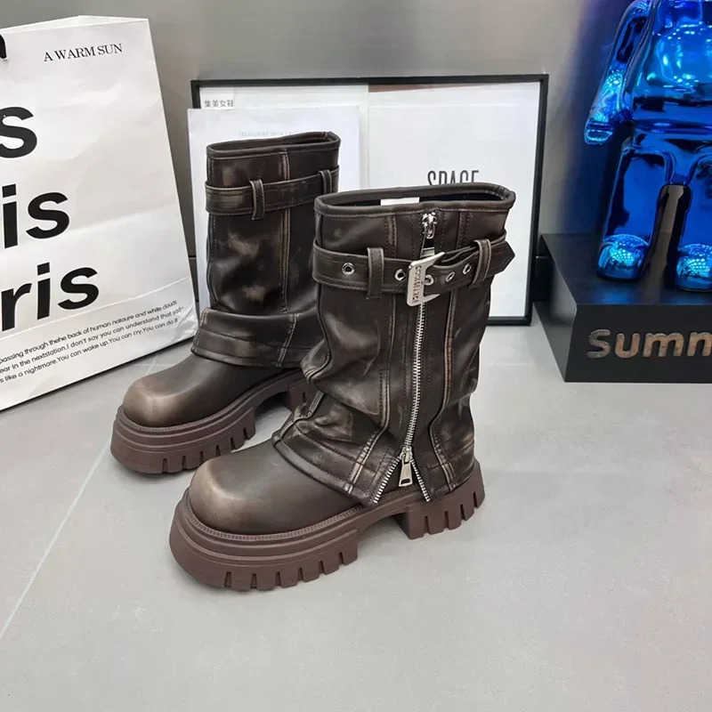 Winter Wen Biker Boots Fion Belt Buckle Ladies Elegant Platform Flats Mid Calf Booties Casual Wens Knight Booties Z250304