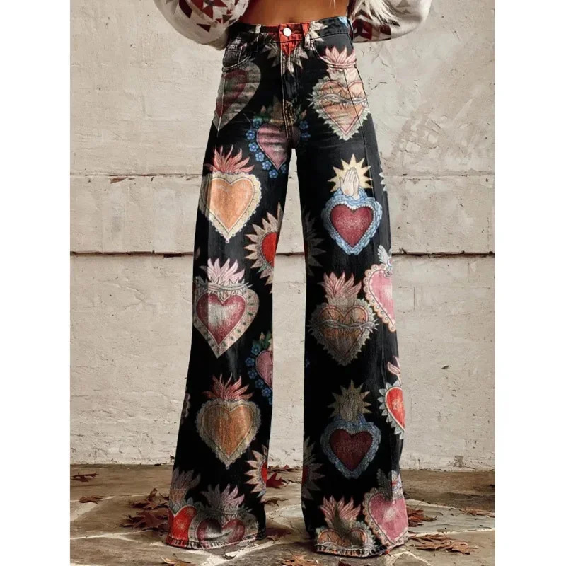 Trendy Retro Plus Size 3D Print Pants Women Autumn Fashion Casual Comfortable Imitation Jeans Wide Leg Baggy Jeans Y2k Pants 250303