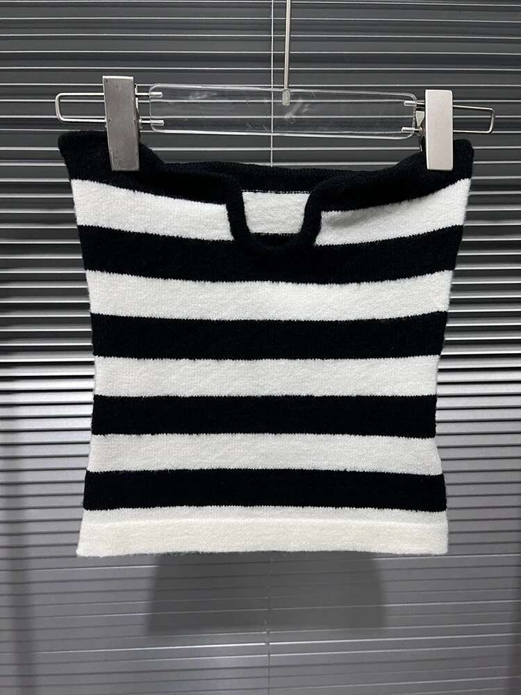 Women's Fashion Striped Contrast Color Two-Pieces Set Stretch Strapless Long Sleeve Knit Tops 2025 Spring New 33A2346