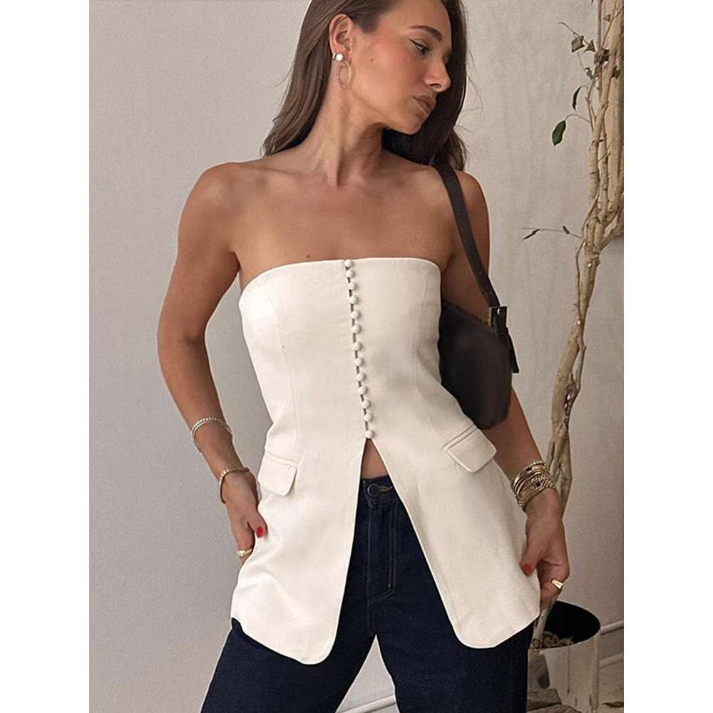 Top Elegant Tube Women Solid Off Shoulder Button Strapless Sleeveless Female Slim Tank 2025 Summer New Fashion Lady Streetwears