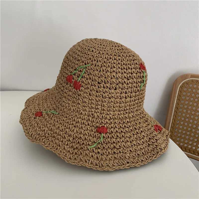 Summer Women Sun Hat Wide Brim Beach Str Hand Crochet Cherry Hat for Women Girl Outdoor Fishing Sun HatsXJ250304
