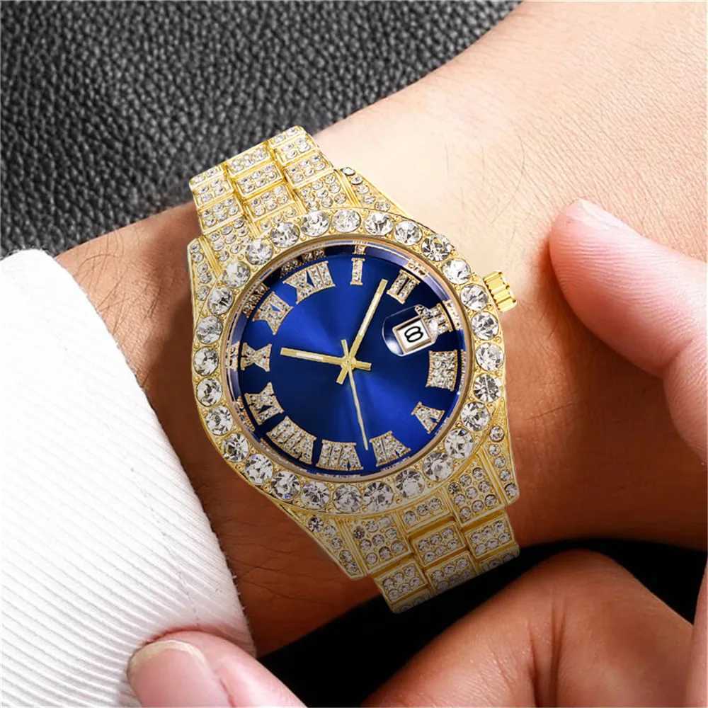 Fashion Business Diamond-Studded Mens And Womens Roman Scale Calendar Hip Hop Gold Green Full DiamondXJ250304