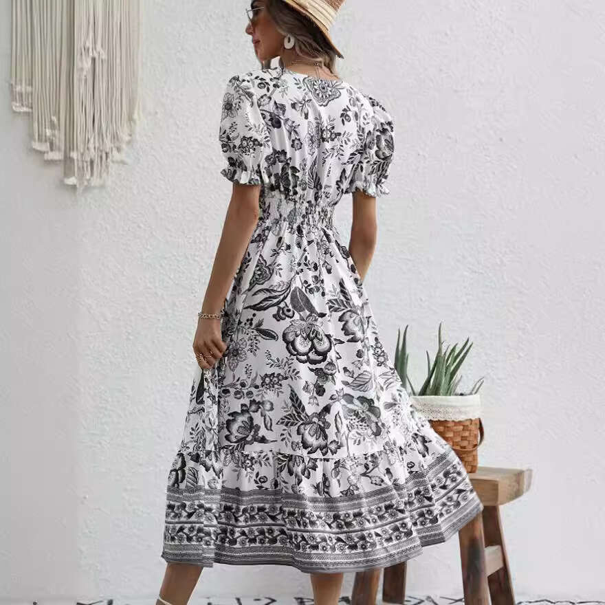 Real time shooting of European American summer full page printed puff sleeve super collar dress, 2025 new style, chic and elegant clothing