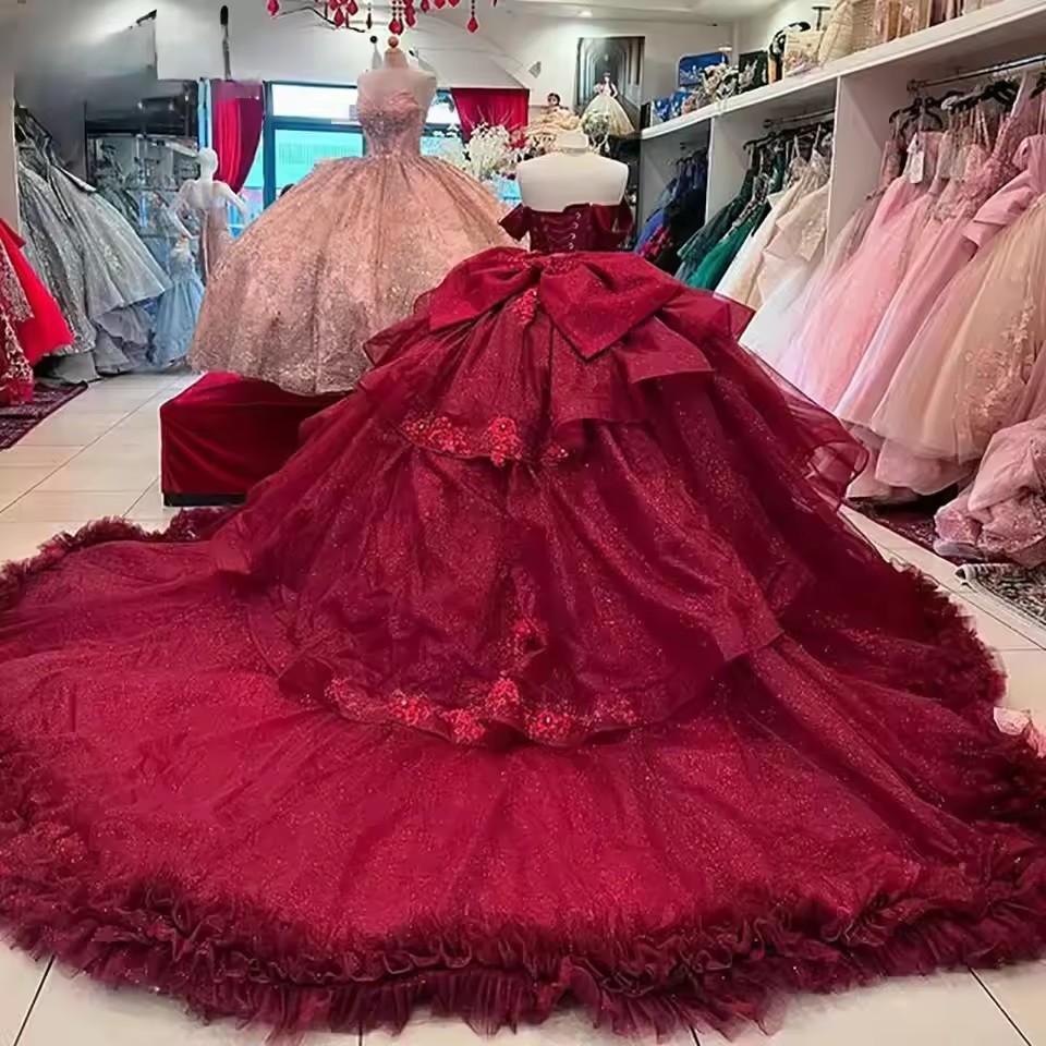 Burgundy Off The Shoulder Ruffles Bow Quinceanera Dresses Ball Gown Appliques Lace Sweet 15 Anos Mexican Customized