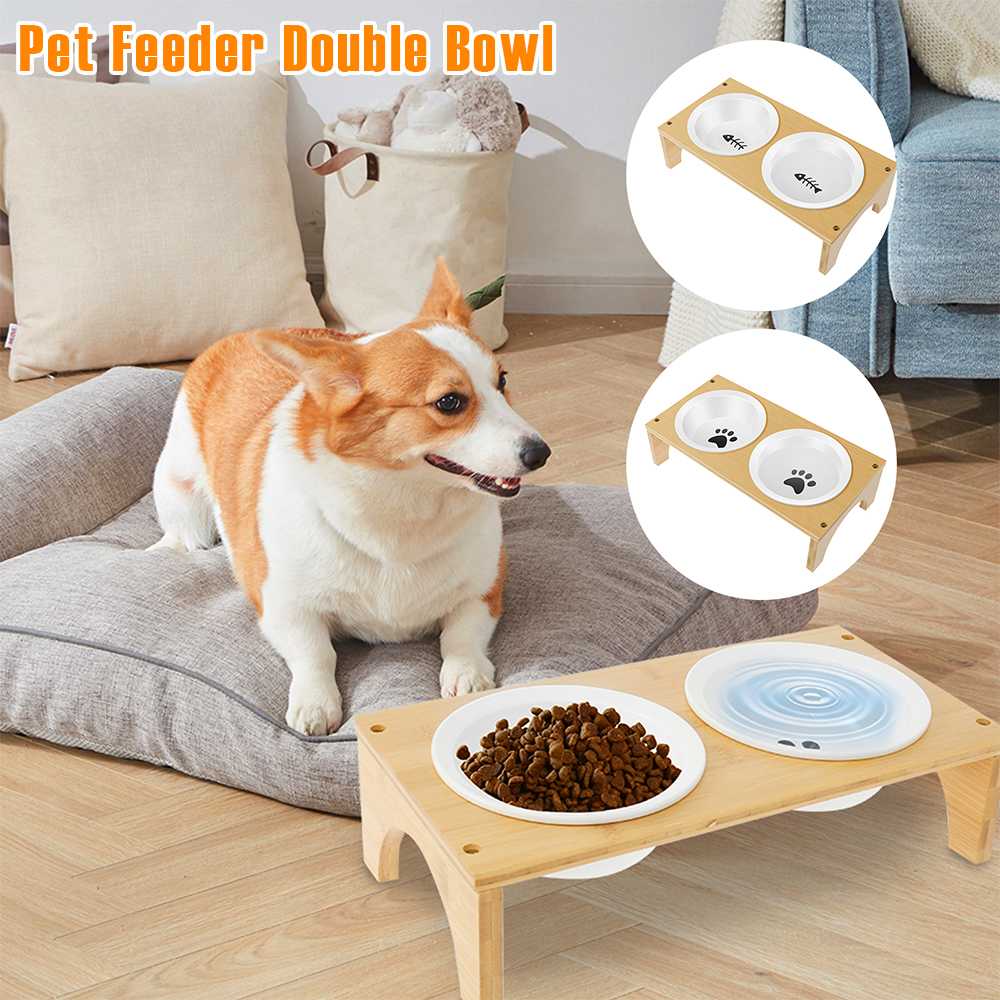 Pet Feeder Double Bowl Ceramic Dog and Cat Bowl with Bamboo Stand Elevated Neck Guard Dog Food and Water Bowl Pet Accessories