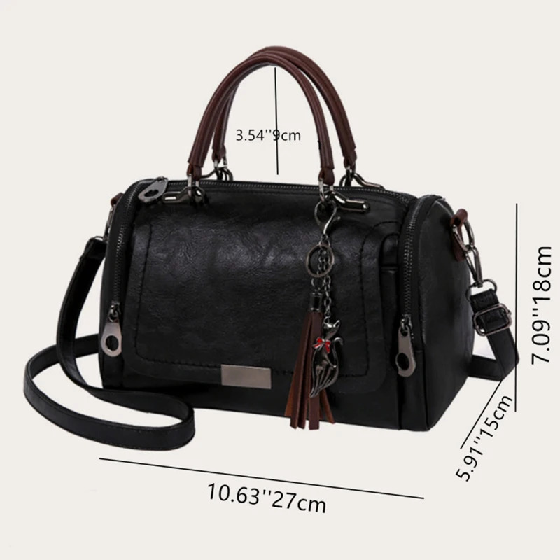 Tassel Decor Womens Large Capacity Shoulder Bag Fashion Zipper Crossbody With Removable Strap Boston Handbag w250303