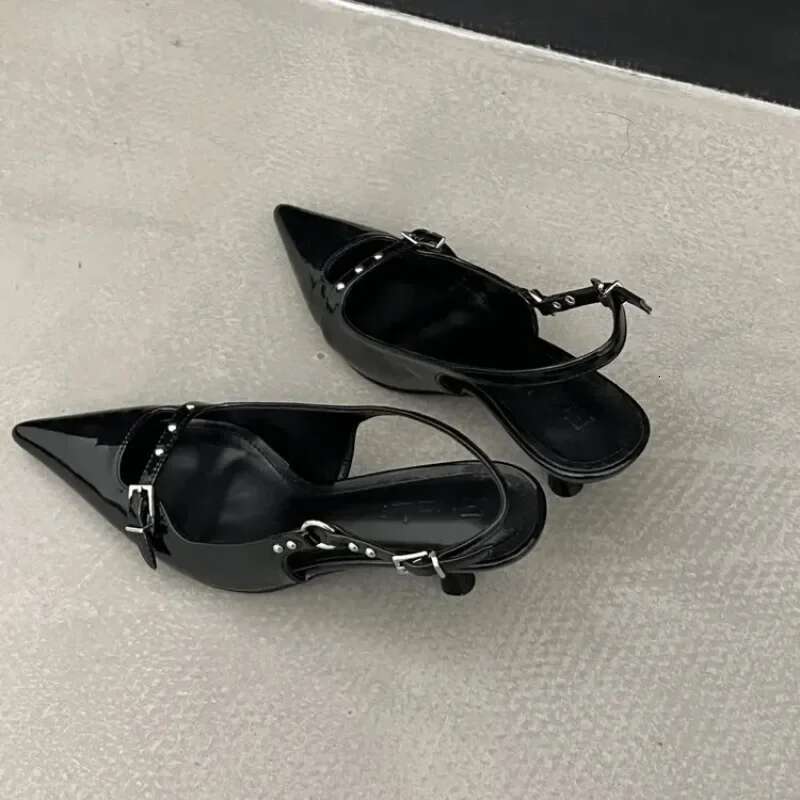 Sgback Sandals Fashion Women Med Heels Pumps Rivet Shoes Elegant Pointed Toe Female Mules Dress Slides Denim Sandalias