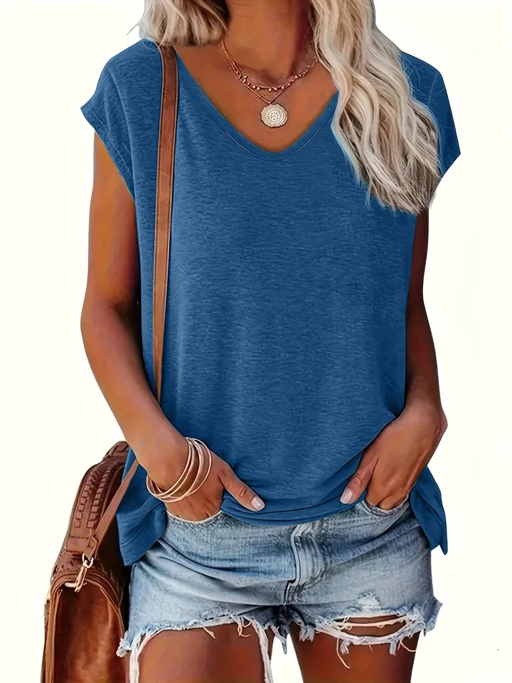SpringSummer Cross border European and American Womens Fashion and Casual Solid Color V-neck Short sleeved T-shirt on 250303