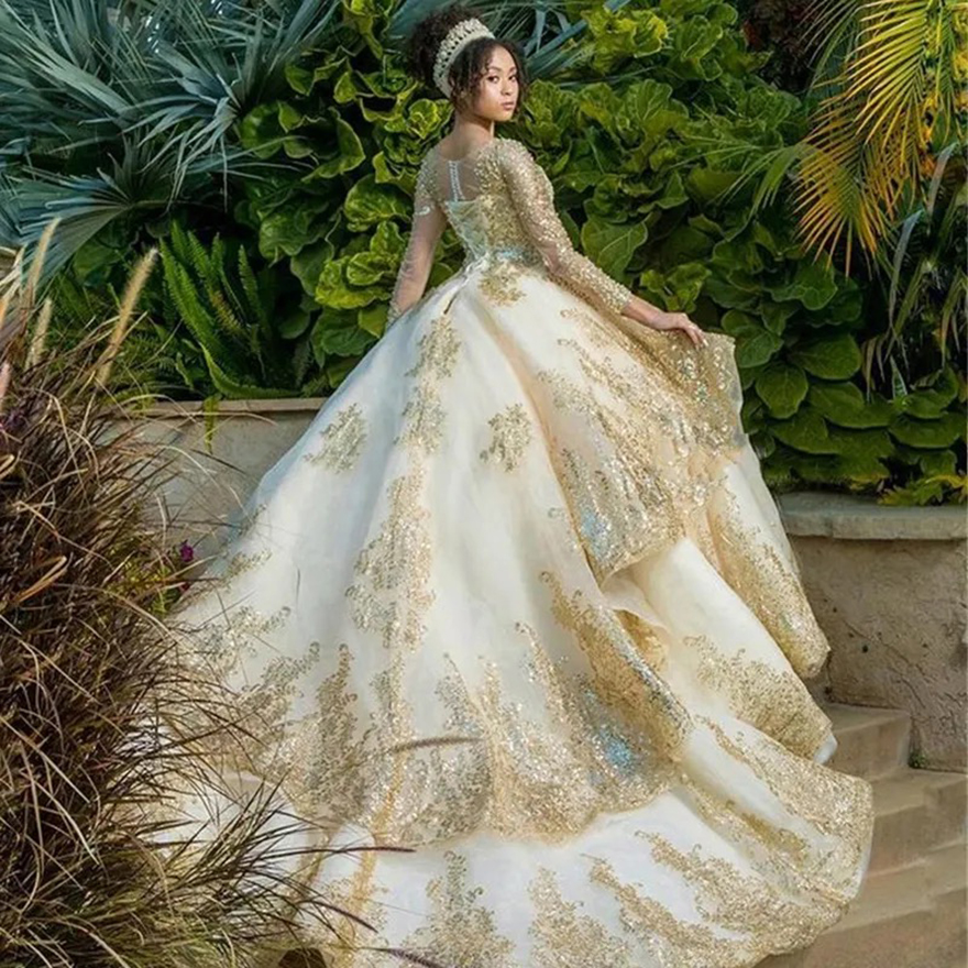 Sweet 16 Gold Lace Quinceanera Dresses Pearls Ball Gown vestidos para 15 vestido de xv anos Glitter Sequined Birthday Prom Gown