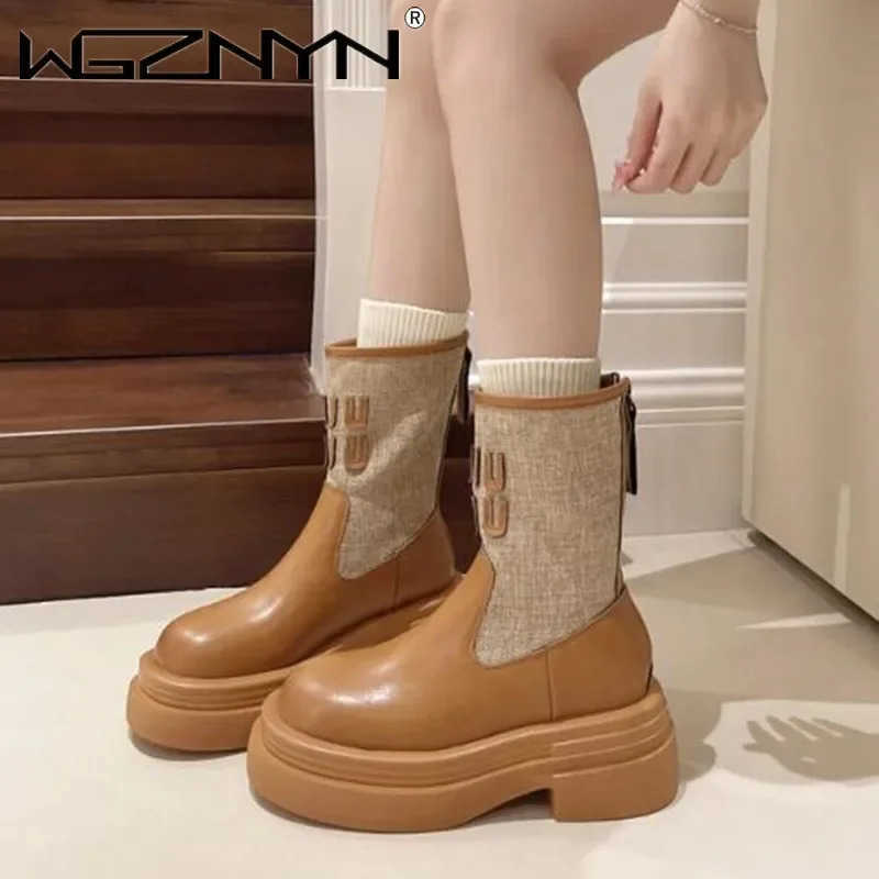High-quality Brand Punk Autumn Ankle Boots Wens Winter Knitted Mid-tube Boot Platform Heeled Round-toe Shoes Botas De Mujer Z250304