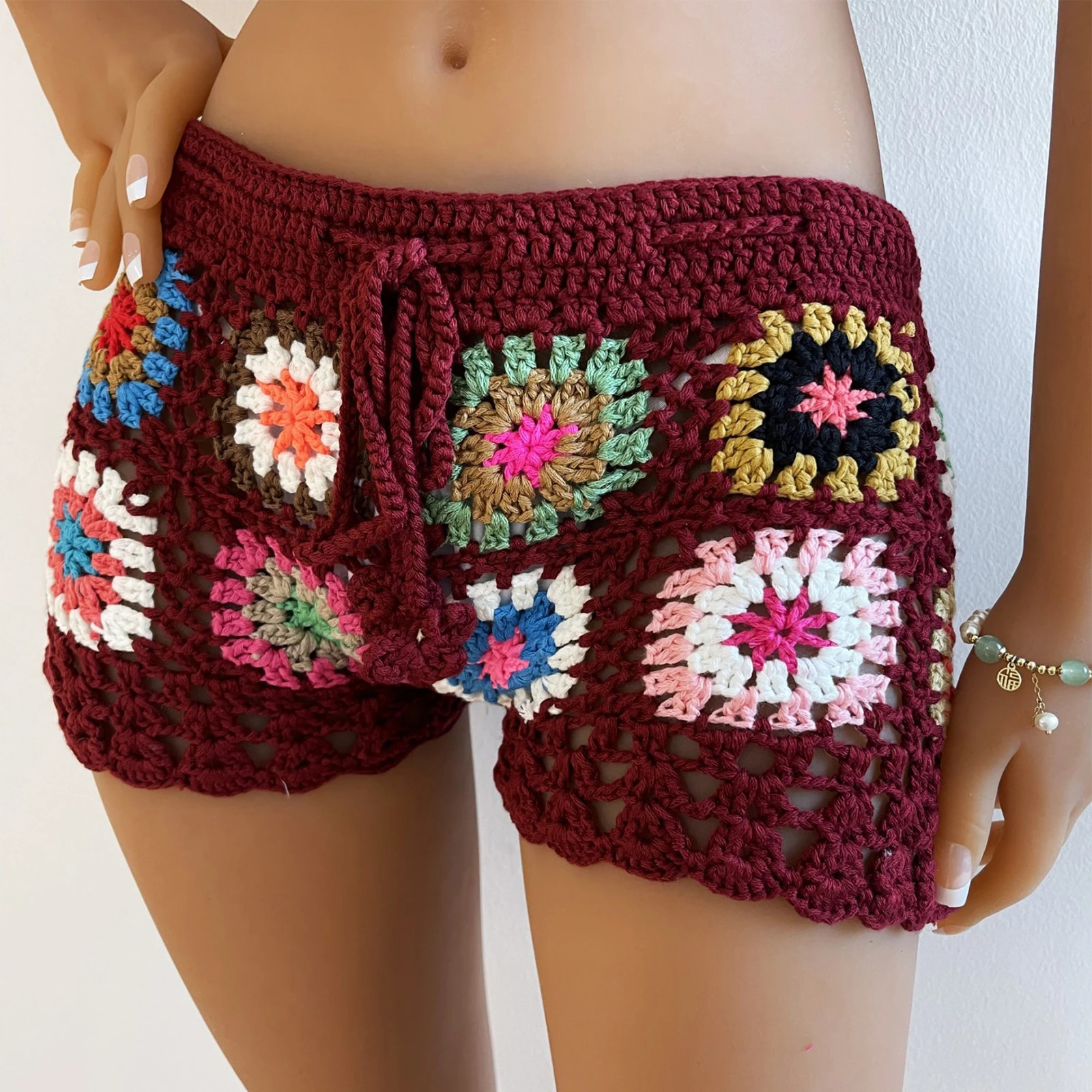 Gaono Y2K Vintage Womens Knit Crochet Shorts Casual Hollow Out Elastic Waist Drawstring Short Pants Lounge Shorts for Summer 250304