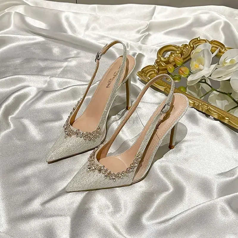 2025 Summer Classic Crystal Pumps Sexy Pointed Toe Rhine Sequin Cloth High Heel Sandals Wens Banquet Dress Wedding Shoes Z250304