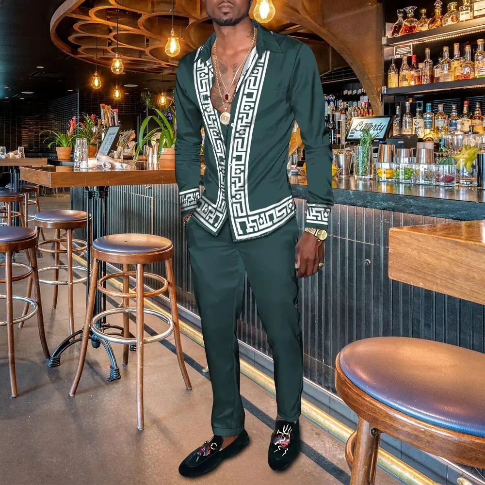 Mens Shirt Suits 3D Print Retro Harajuku Fashion Men Casuan Breathable Mens Lapel Long Sleeve Shirt Long Pants Two Piece Set 250303