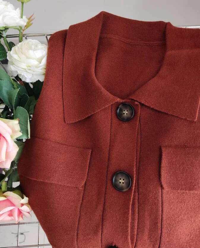 2025 Solid Jumper Caramel Lapel Double-Pocket Shirt-Style Wool Blending Knit Sweater