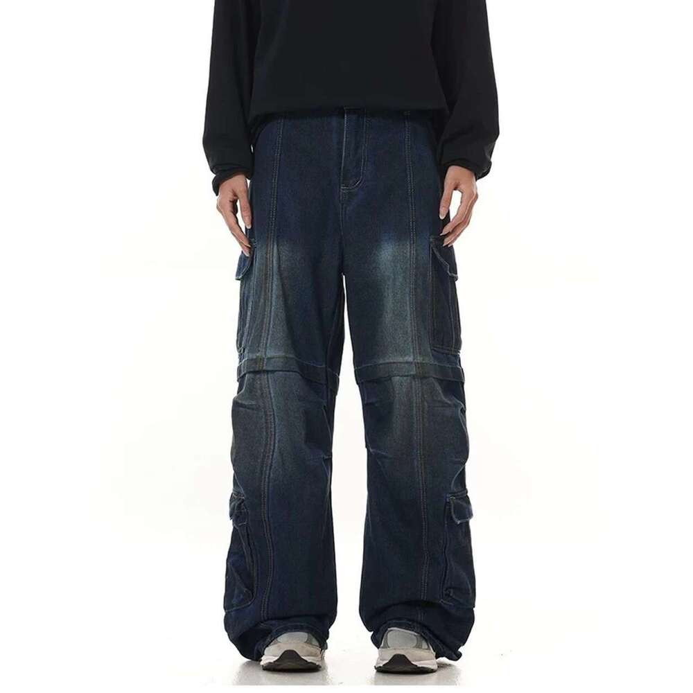 Frog Drift American Style Streetwear Clothing Vintage Cargo Jeans Loose Pocket Zipper Pants Trousers For Men Woman