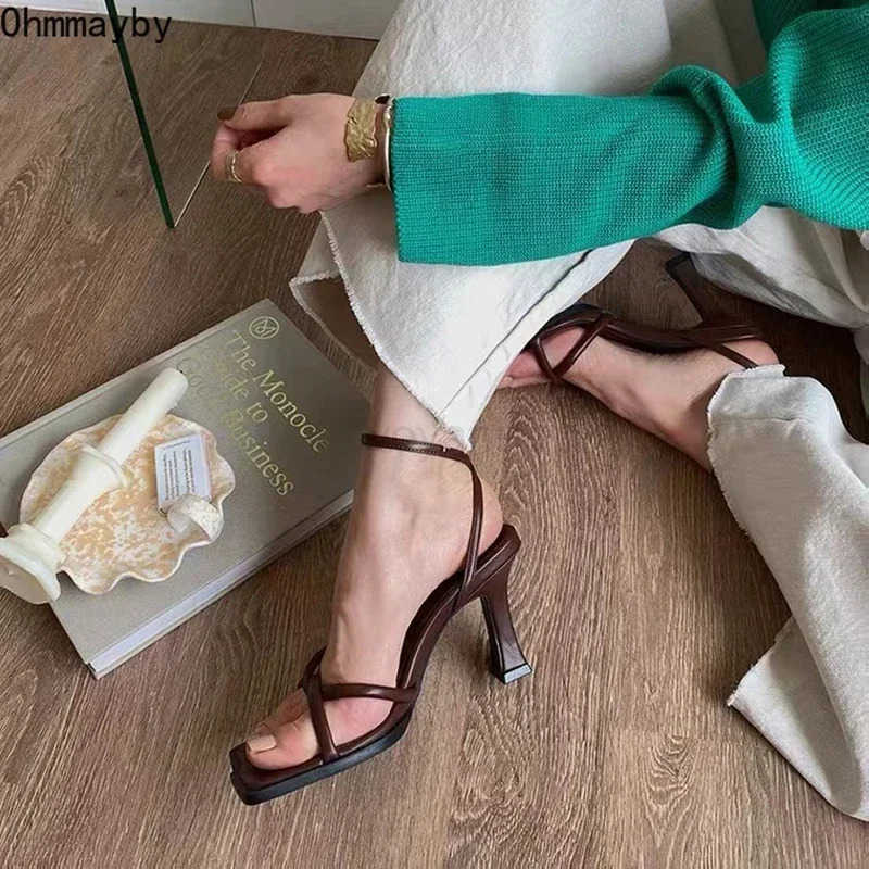 2025 Summer Narrow Band Heel Sandals Wen Thick Heel 7 CM Ankle Strap Fi Square Toe Ladies Dress Sandalias Wens shoes Z250304
