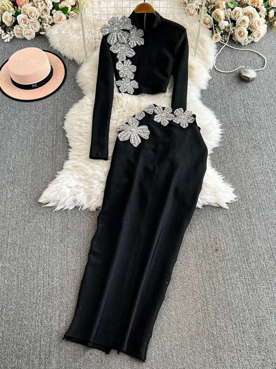 TWOTWINSTYLE Solid Spliced Dias Two Piece Set For Women O Neck Long Sleeve Top High Waist Slim Skirt Sets Female Fashion New