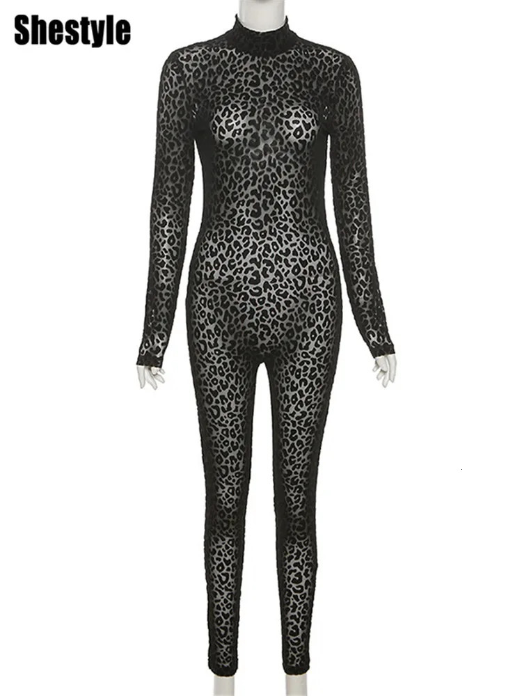 Shestyle Leopard Transparent Jumpsuits Women Skinny Back Zip Mock Neck Black Sexy Animal Print Slim Clubwear Fitness 250303