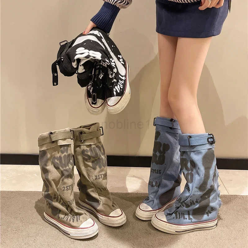 Wens Spring Graffiti High Canvas Boots Round Middle Follow Anti-slip Boots Wen Leisure Fion Rubber Sole Botas Mujer Z250304