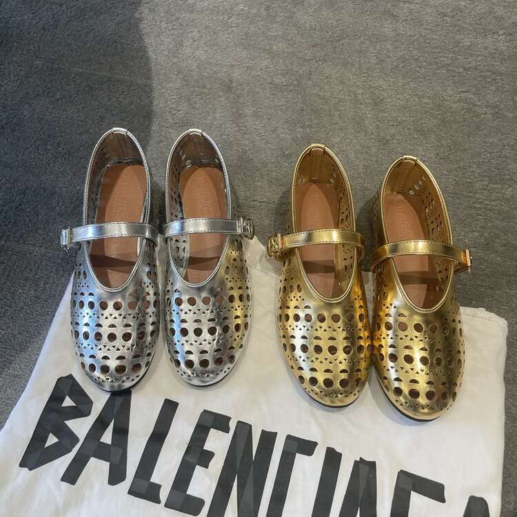 Cowhide Edition~Spring/Summer Genuine Shallow Mouth One Word Buckle with Hollow Round Head Flat Bottom Single for Women Ballet Boats Leather Shoes