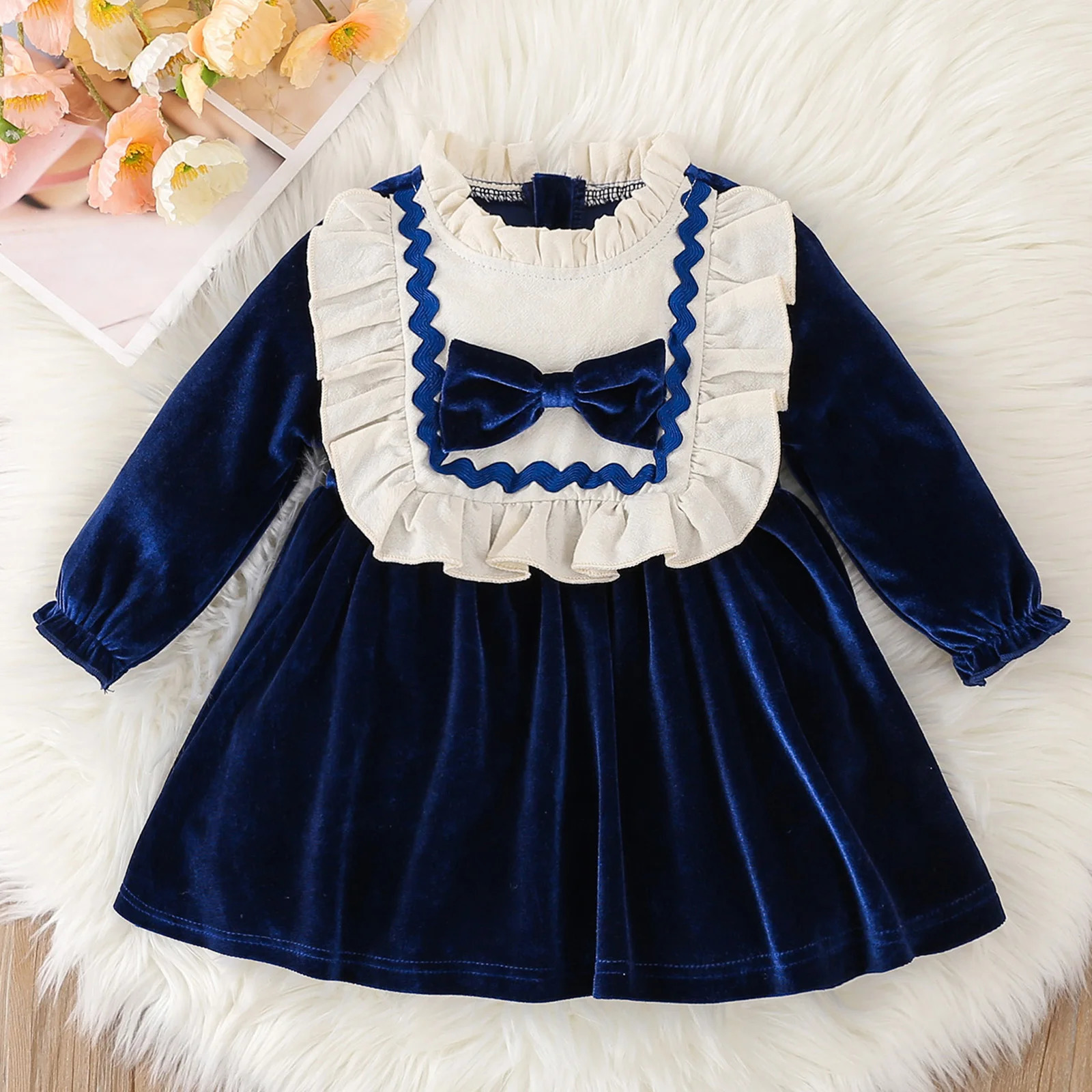 Toddler Girl Boutique Velvet Dress Christmas Princess Party Bowknot Dresses Kid Cute Ruffled Neck Long Sleeve ALine Tutu 250303