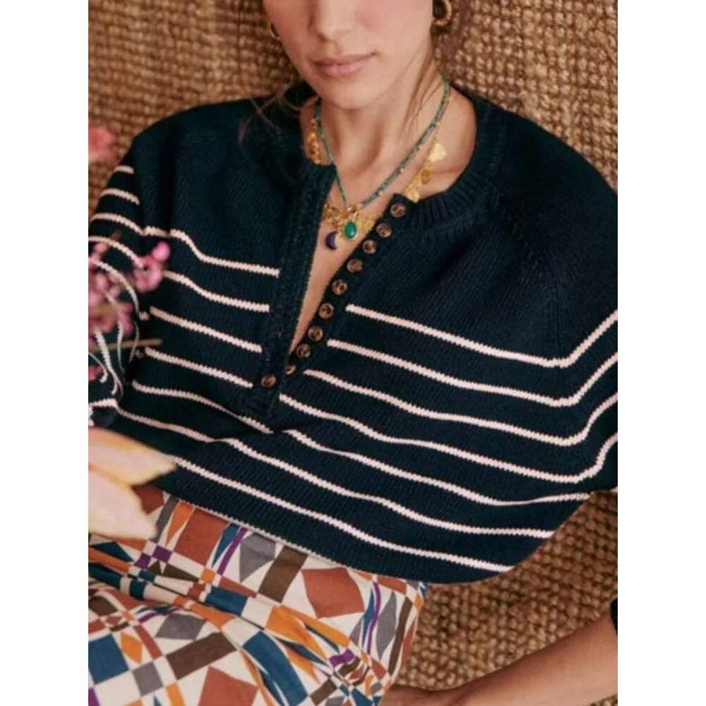 Women Striped Sweater Single Breasted Round Neck Cotton Half Open Collar Buttons 2025 Spring Female Long Sleeve Retro Pullover