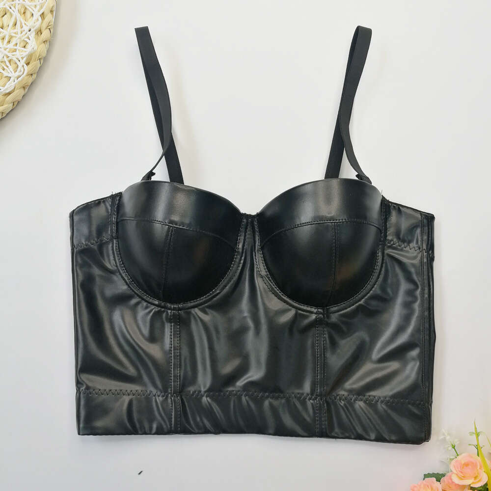 Spicy Girl Leather Bra Imitation Sheepskin Suspended Tank with No Bra, Sexy Beauty Gathering Fishbone Top