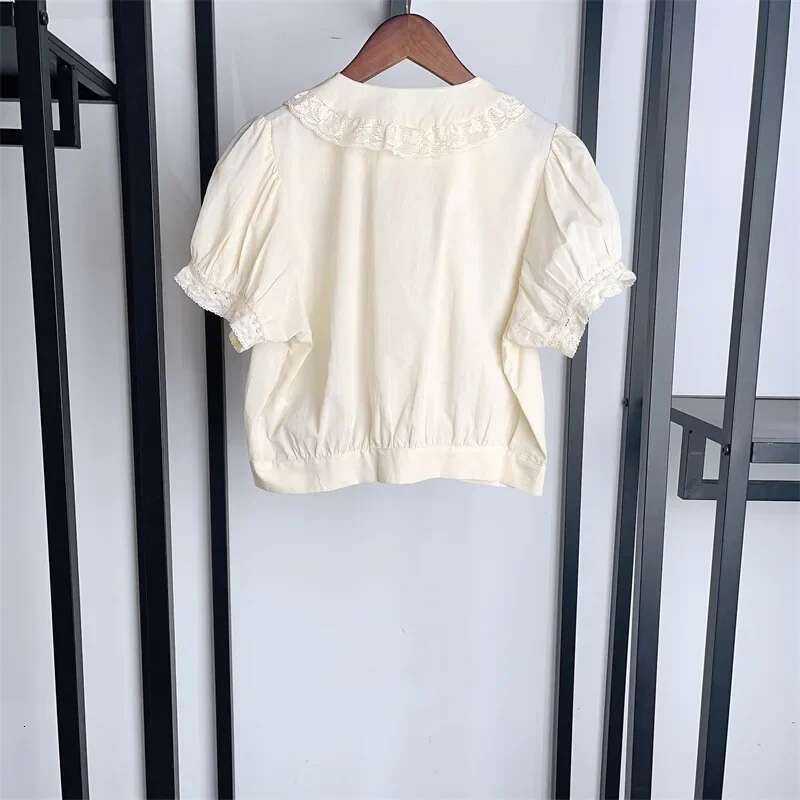 Women 2025 Spring And Summer Fresh Embroidered Lace Lapel Short Waist-Cinching Sweet Shirt