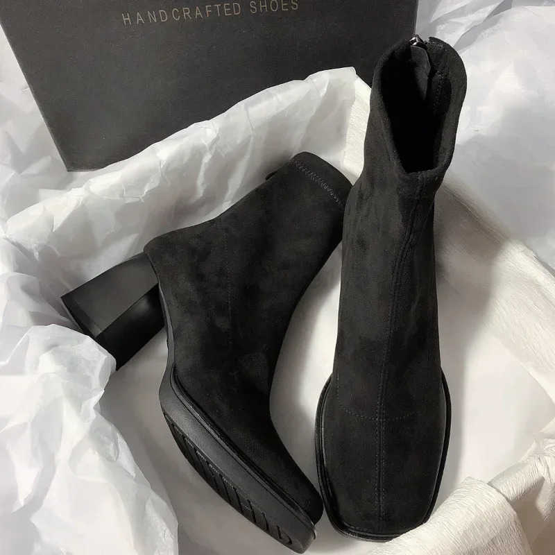 Wen Cowboy Ankle Boots Wan Winter Square Toe Chunky H Elastic Boots Fem Back Zipper Ankle Boots Botas Mujer Z250304