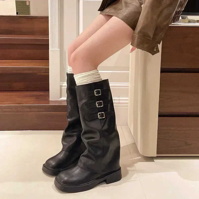 Winter New Wens Boots 2024 High Quality Fionable Round Toe Solid Color Buckle Mid-heeled Sle Wens High Boots Z250304