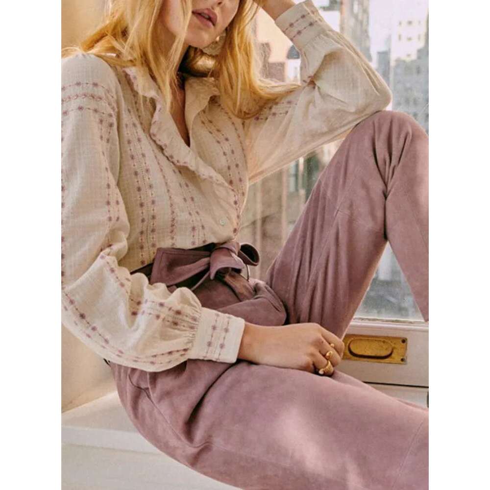 Women Ruffles Trim Pink Or Blue Blouse Single Breasted Casual Summer New 2025 Female Stand Collar Vintage Shirt And Tops