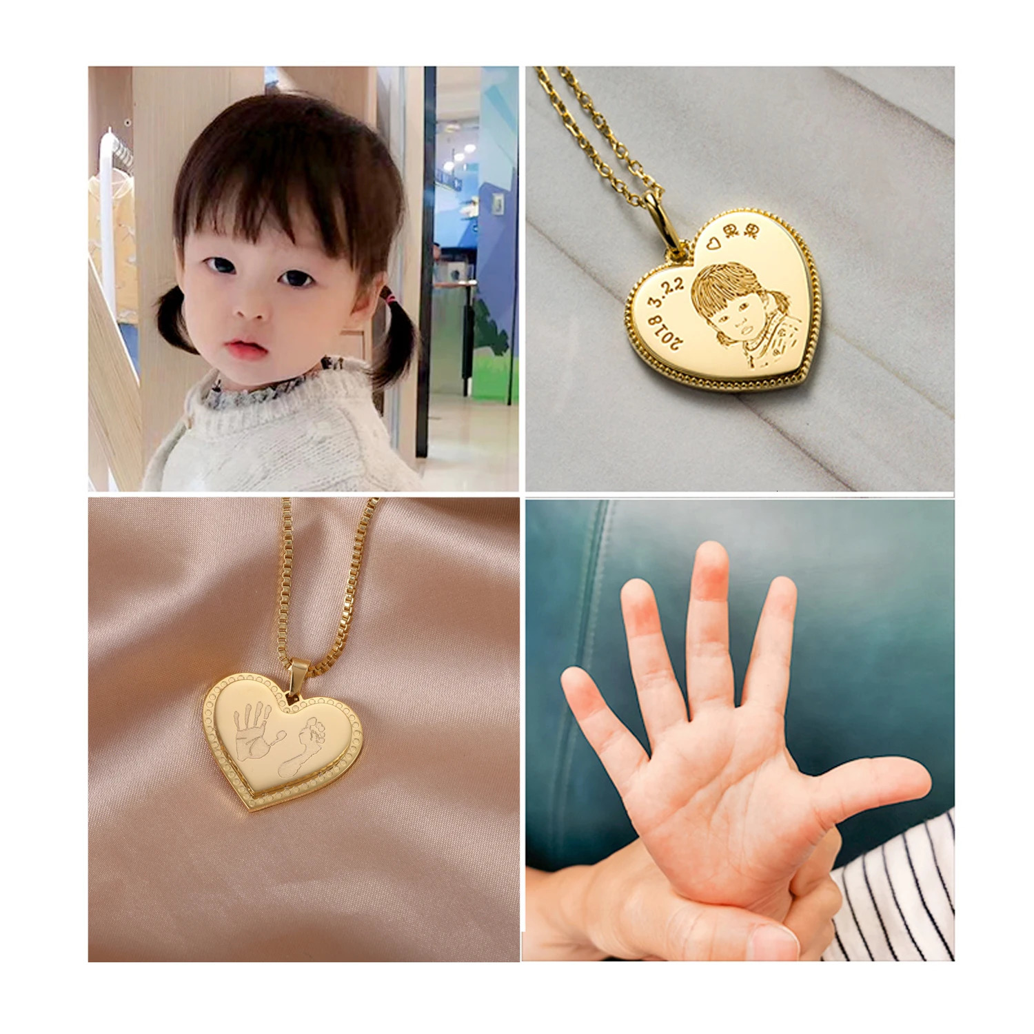 Actual Baby FootPrint Mom Necklace personalized Engraved born Handprint Name Chain Stainless Steel Heart Jewelry Gift For Her 250304