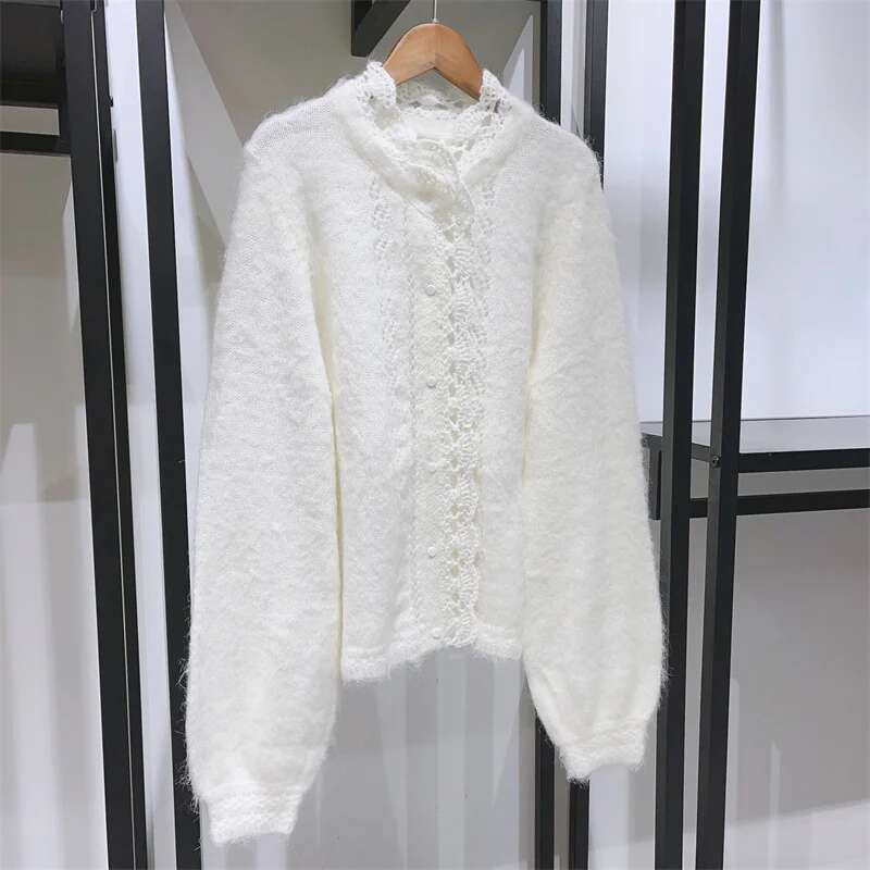 Early Spring Women Knitted Sweater Ladies Single-Breasted Petal Trim Hollow Out Cardigan Female Soft Knitwear Top