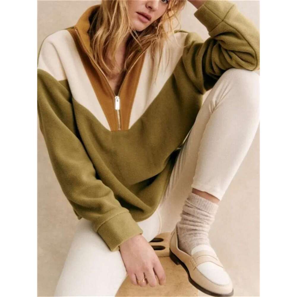Women Color Patchwork Sweatshirt Zipper Half Turtleneck Long Sleeve Casual Female 2 Colors Pullover 2025 Fall Winter