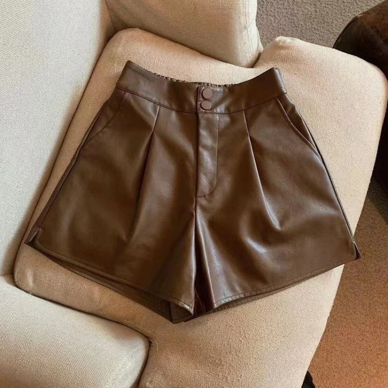 Fashionable modern girls childrens shorts solid color high waisted PU shorts baby girls autumn and winter pants teenagers shorts 100-170cm 250304