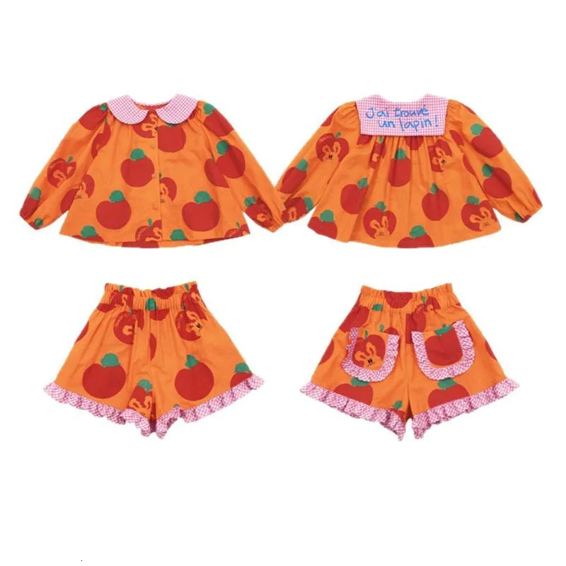 Girls Shirt Shorts Spring And Summer Printing Fashion Korean Doll Shirt Suit Cotton Sweet Cute Tops Childrens Clothing 250304