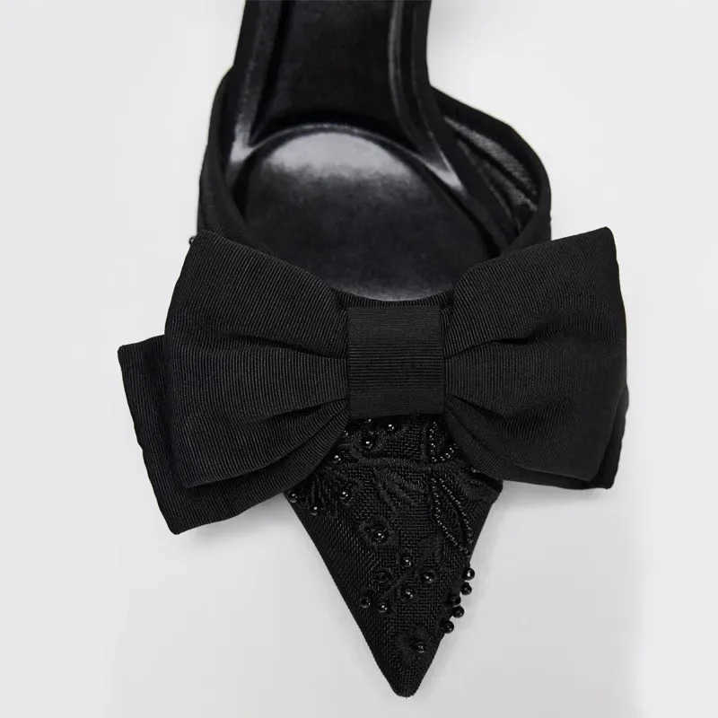 Brand Designer Thin High H Wen Bow String Bead Pointed Slingback Mes Pumps Mesh Embroider Elegant Dress Sandals Fem Z250304