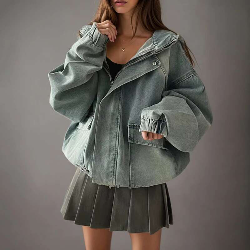 Fashion Drawstring Hooded Denim Jacket Women's Loose Zipper Long Sleeves Casual Black Jackets New Tide