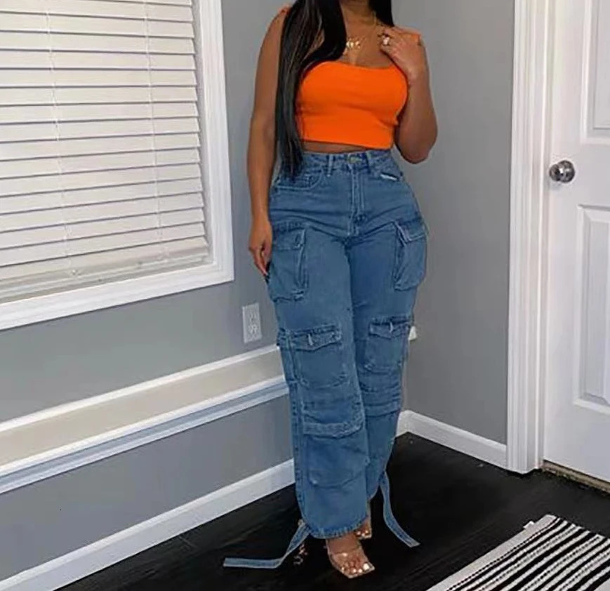 Womens Workwear Style Trousers 2025 Autumn Winter Latest Denim Trend Multi Pocket Plus Size Jeans Work High Waist Long Pants 250227