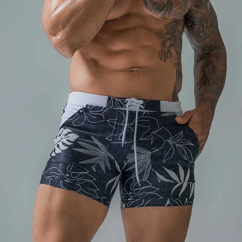 Summer Mens Beach Swimming Trunks Drawstring Elastic Waist Swimsuit Shorts Man Plus Size Quick Drying Swimwear ShortsT250304