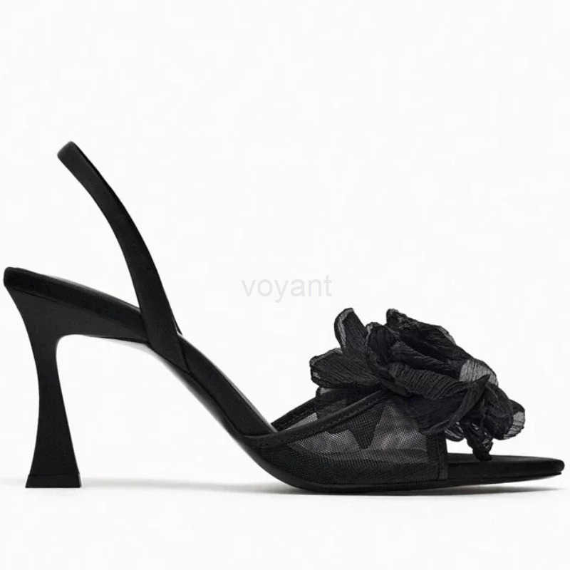 Mesh Flower Designer High H Wen 2025 New Open Toe Elegant Sandals Fem Black Designer Slingback Shoes Sandalias De Mujer Z250304