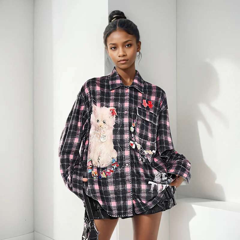 Women's Fashion Plaid Single Breasted Blouse Spring New Arrival Loose Contrast Color Long Sleeves Shirts Female 33A2679