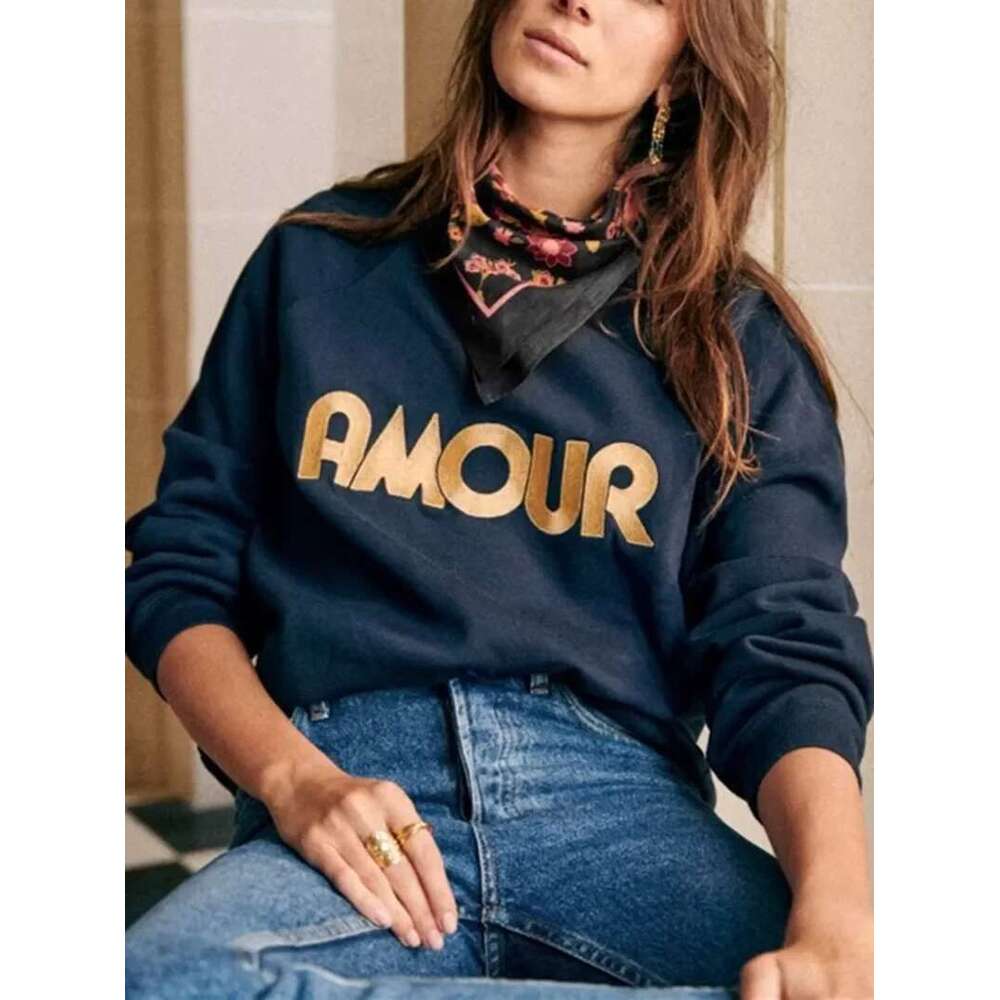 Women Letters Sweatshirt Tops 2025 Spring New Ladies O-Neck Long-Sleeved Casual Pullover Top All-Match